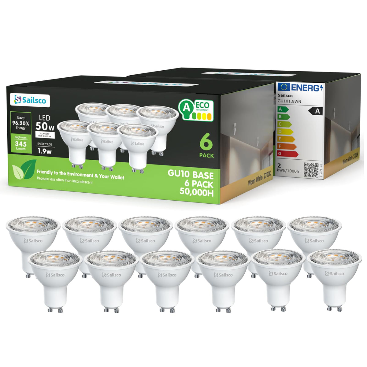 sailsco GU10 LED Leuchtmittel 1,9W 345lm 2700K warmweiss, 12 Stück