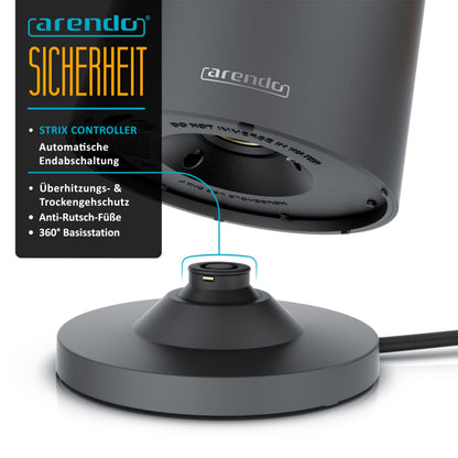 Arendo Wasserkocher Edelstahl mit Temperatureinstellung 1,5 L schwarz