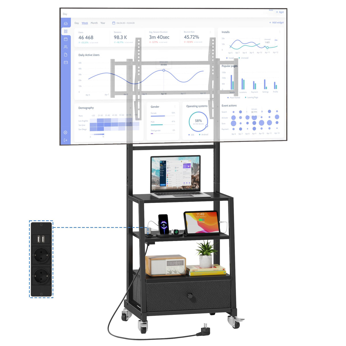 RollStand TV Ständer TV Rollwagen – Schwarz 32-75 Zoll. Mobiler, schwarzer TV-Ständer mit Rollen für Bildschirme von 32-75 Zoll.
