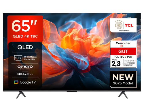 TCL 65T8C 65 Zoll QLED 4K UHD HDR Google TV Fernseher. Flacher, schwarzer Bildschirm zur Medienwiedergabe.