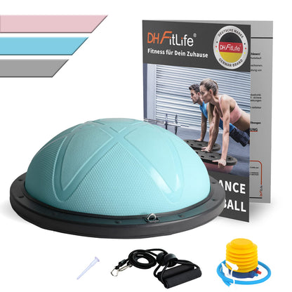 DH FitLife Balance Ball Yoga Gleichgewichtstrainer - Blau Φ60cm. Blauer, halbkugelförmiger Ball, der als Gleichgewichtstrainer für Yoga und Fitness dient.