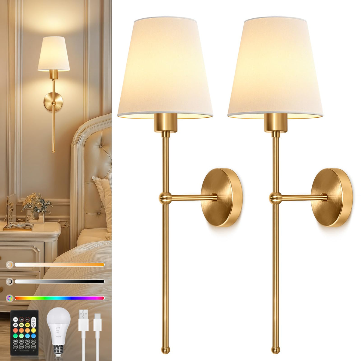 Ketom LED Wandleuchte Innen mit Akku, dimmbar, Gold, 2er-Set, Metallgehäuse mit weissem Stoffschirm