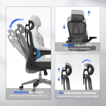 FLEXISPOT ergonomischer Bürostuhl mit 2D-Kopfstütze – Schwarz