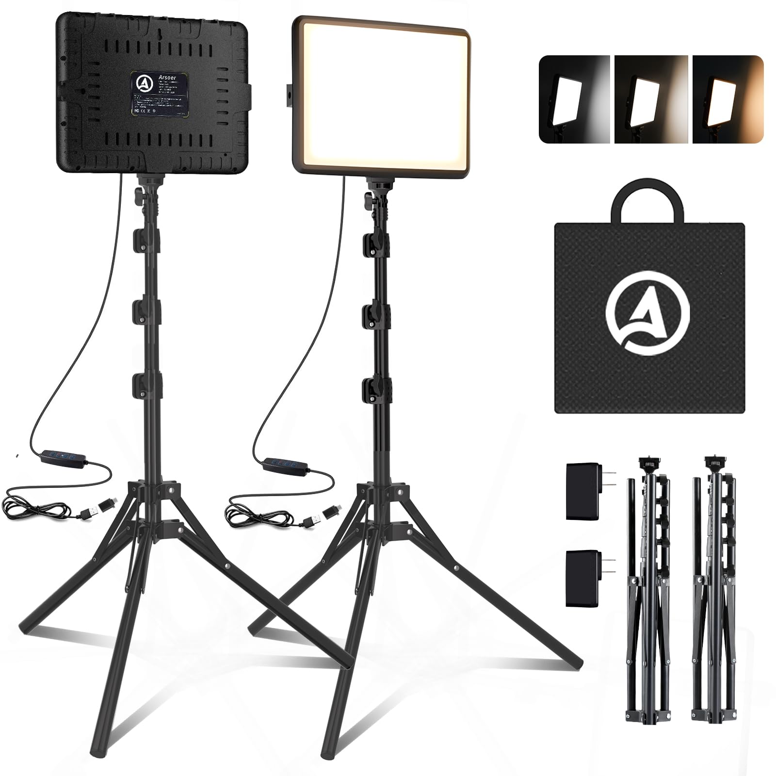 StudioLine LED Video Licht Set – Dimmbar 2er Pack 2800-6500K. Zwei rechteckige LED-Leuchten mit einstellbarer Farbtemperatur zur professionellen Videoproduktion.