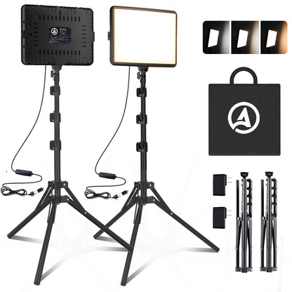 StudioLine LED Video Licht Set – Dimmbar 2er Pack 2800-6500K. Zwei rechteckige LED-Leuchten mit einstellbarer Farbtemperatur zur professionellen Videoproduktion.
