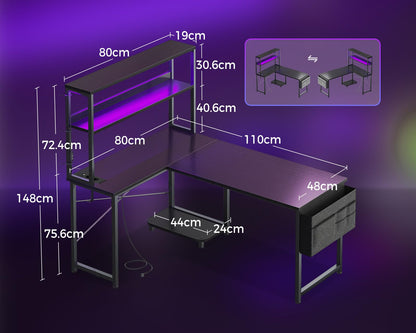 Coleshome Gaming Tisch L-Form mit LED & Steckdosen, Schwarz