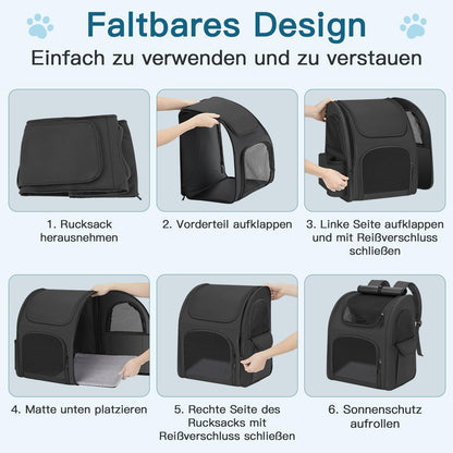 Quirlig Hunderucksack bis 10 kg, faltbar, mit Netzfenster, schwarz