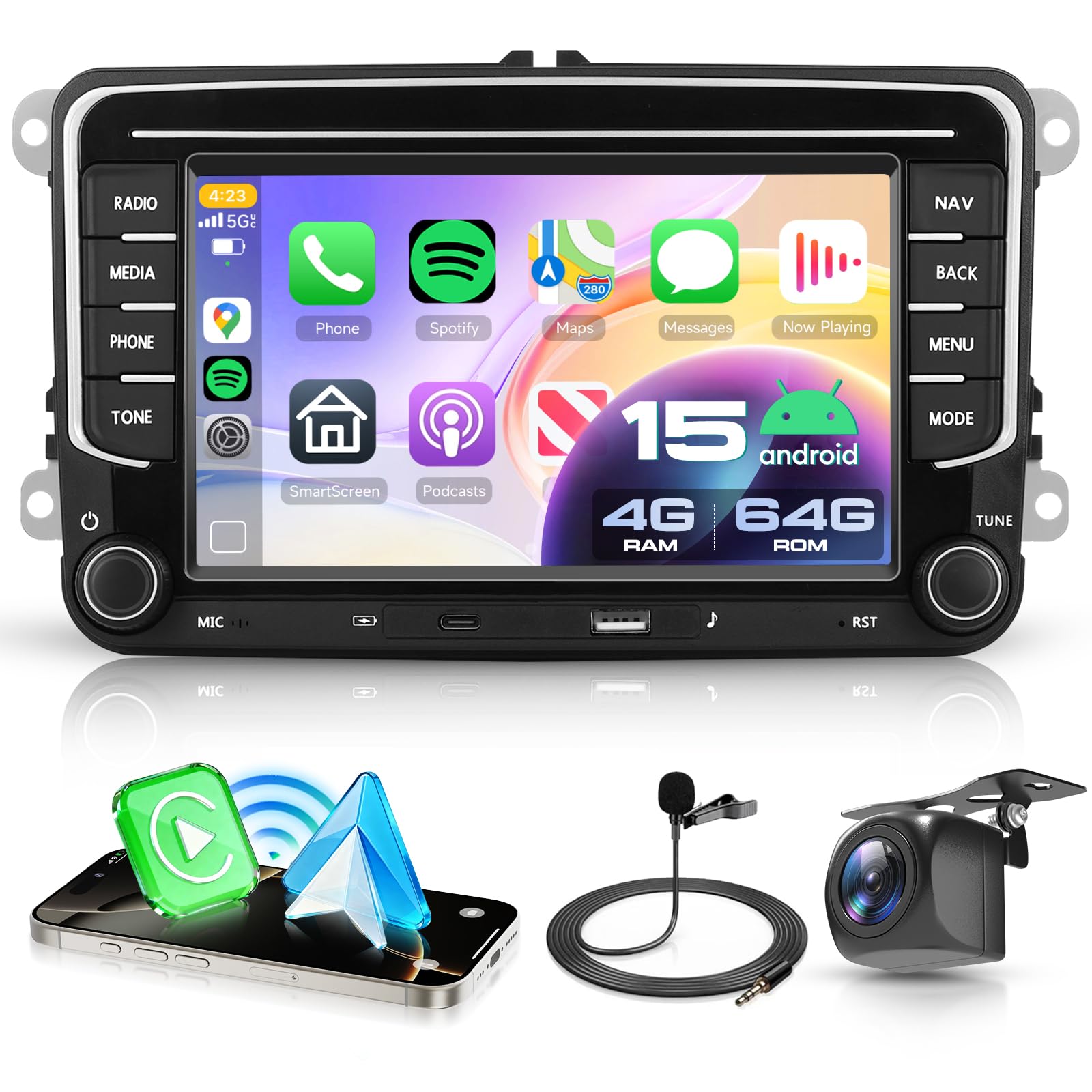 VECHTEL Autoradio Android 7" Touch für VW Golf 5 6 Carplay AA. Für VW Golf 5/6. Bietet Carplay/AA Integration.