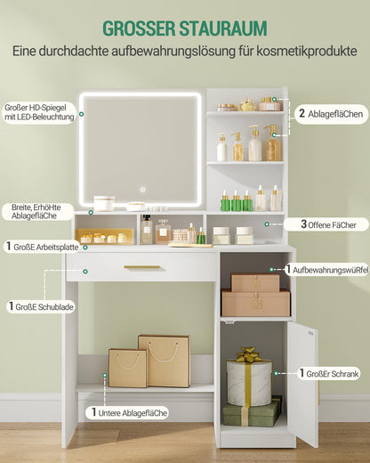 Hzuaneri Schminktisch mit Spiegel und LED-Beleuchtung, weiss