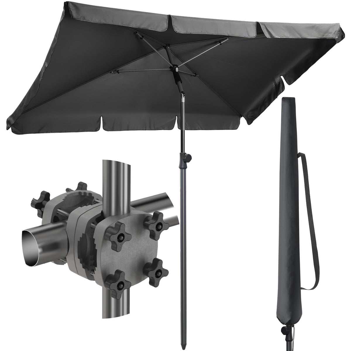 4smile SunnyShade Balkon-Sonnenschirm 3-in-1 Set Anthrazit UPF 50+, rechteckiger Schirm mit Geländerhalterung