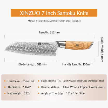 XINZUO Lan Series Santokumesser - 18.2cm Damaststahl Olivenholz