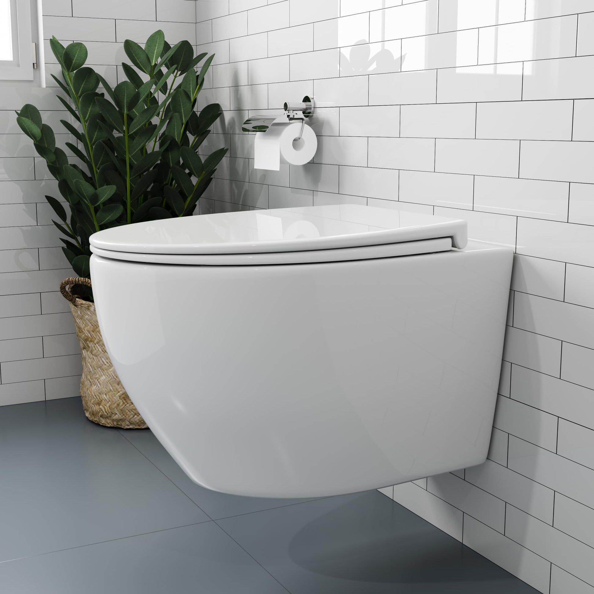 HOROW Hänge-WC Set D-Form 52 cm – Absenkautomatik WC-Sitz: Weißes, wandhängendes WC zur hygienischen Entsorgung.