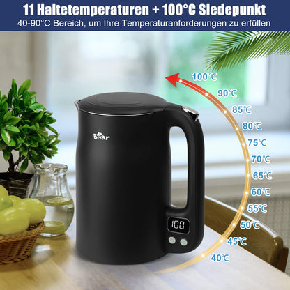 Bear Wasserkocher 1.7 L Edelstahl mit 11 Temperaturen, 1800 W