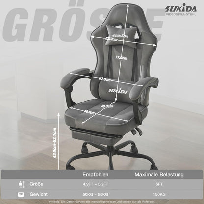 SUKIDA Gaming Stuhl aus Stoff mit Fussstütze, ergonomisch, grau
