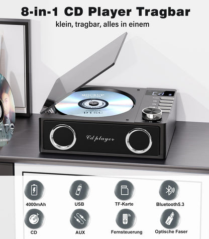 Greadio CD19 Tragbarer CD-Player mit Bluetooth 5.3 und 4000-mAh-Akku