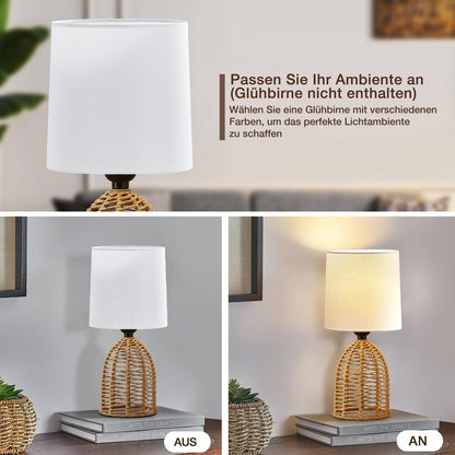 GyroVu Nachttischlampe 2er Set Rattan Boho Tischlampe mit E27 Fassung
