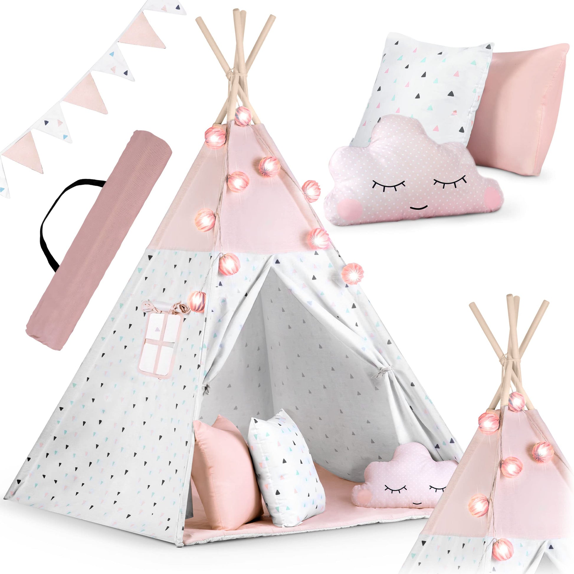 NUKIDO Kindertipi Montessori Spielzelt Baumwolle – Rosa. Rosa, dreieckiges Baumwollzelt fördert selbstständiges Spiel nach Montessori-Prinzipien.