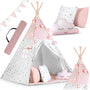 NUKIDO Kindertipi Montessori Spielzelt Baumwolle – Rosa. Rosa, dreieckiges Baumwollzelt fördert selbstständiges Spiel nach Montessori-Prinzipien.