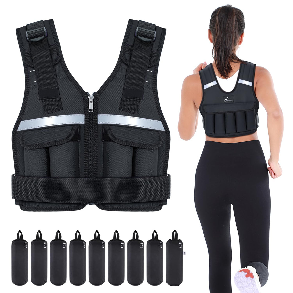Sportneer Gewichtsweste verstellbar 0,9-8 kg für Krafttraining, Reissverschluss und Reflektorstreifen