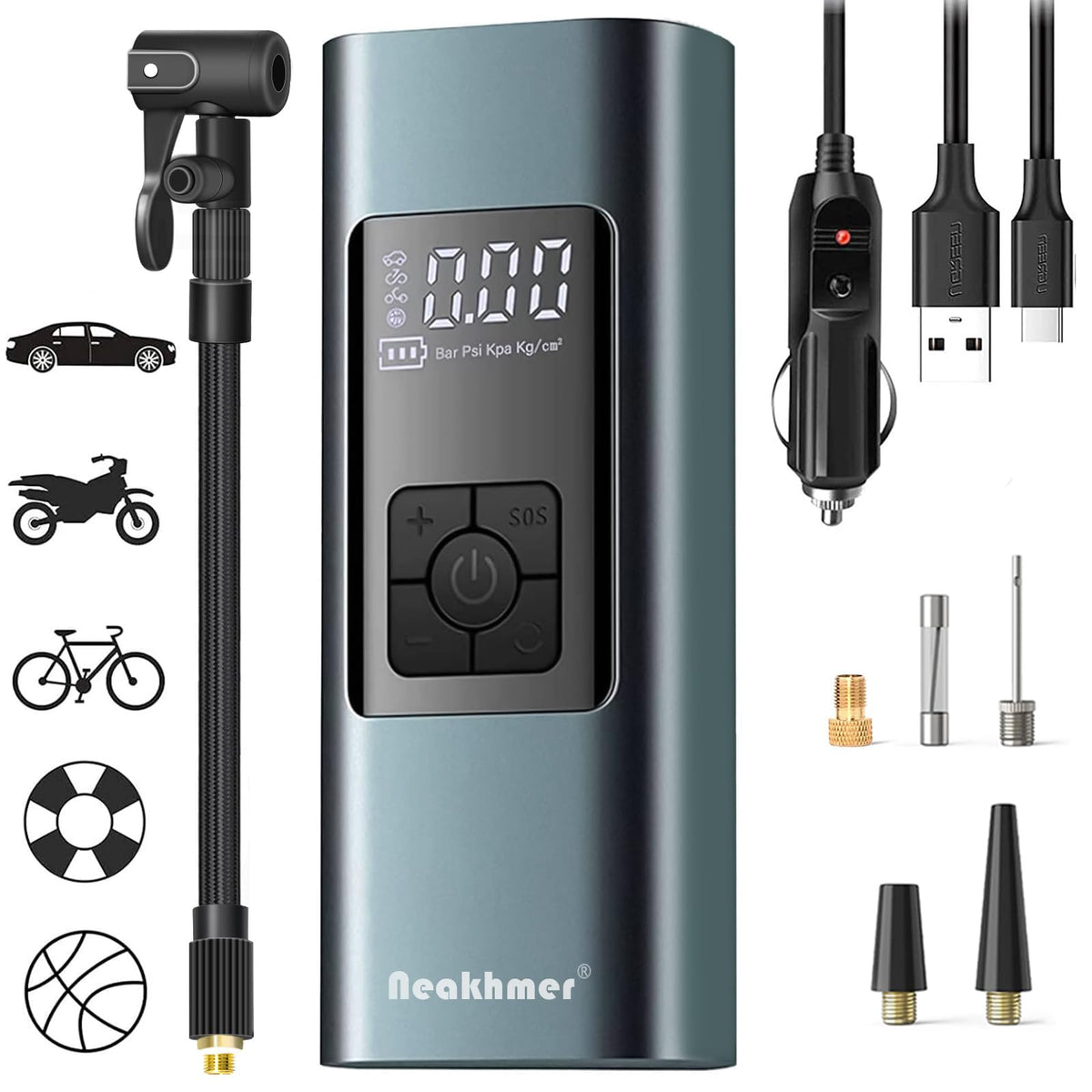 Neakhmer Akku-Reifenpumpe 12V Mini-Luftkompressor mit Manometer, kompakt mit LCD-Display und LED-Beleuchtung