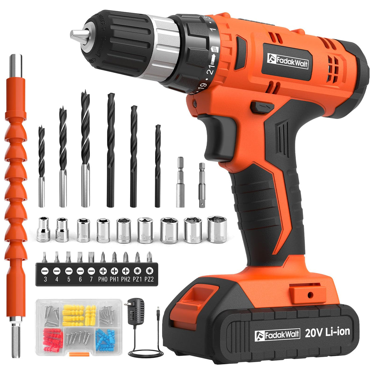 FADAKWALT Akkuschrauber 20V 30Nm mit 60-tlg. Zubehör-Set, 2-Gang, orange