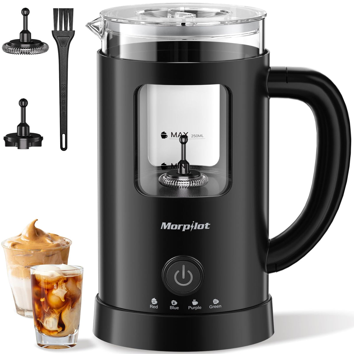 morpilot Milchaufschäumer Elektrisch 4-in-1, 600 ml, Schwarz, transparentes Borosilikatglas