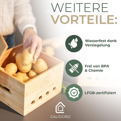 CALIDORO Kartoffel Aufbewahrungsbox 3er Set aus Bambus mit Deckel
