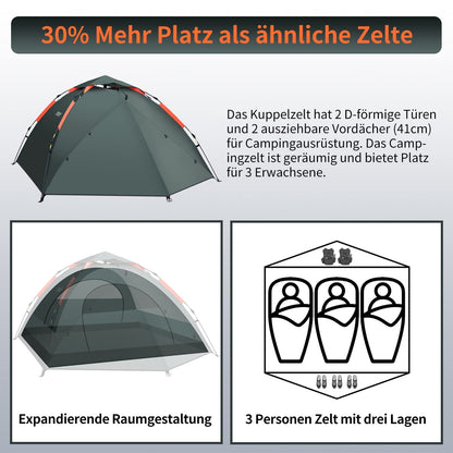 Cflity Campingzelt 3 Personen Pop-Up Wurfzelt wasserdicht