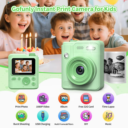 Gofunly Kinderkamera Sofortbildkamera 1080P HD mit 32 GB Karte