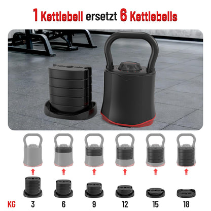 HXD-ERGO Verstellbare Kettlebell 6-in-1, 3–18 kg, Schnellwechsel