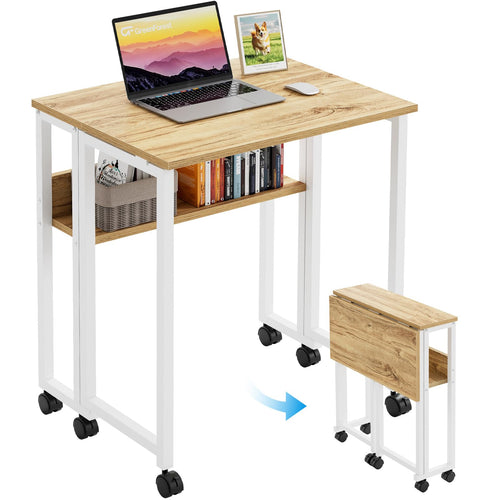 GreenForest Schreibtisch klappbar mit Rollen - 63 cm Beige. Rechteckiger Klapptisch in Beige mit Rollen für mobilen Arbeitsplatz.