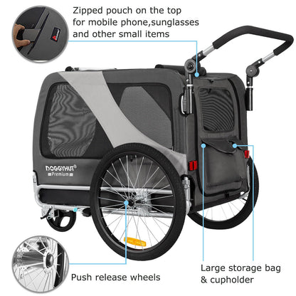 DOGGYHUT Premium XL 2-in-1 Hundefahrradanhänger & Jogger, grau