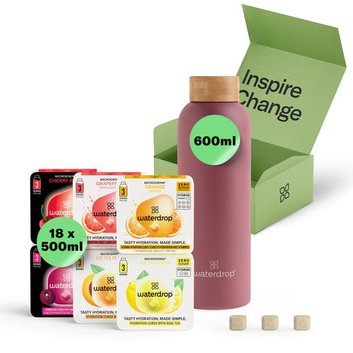 waterdrop Starter Set Edelstahl-Trinkflasche 600 ml + 18 Drops, doppelwandig, kohlensäuregeeignet