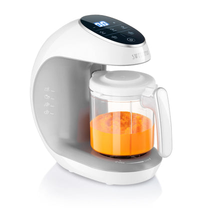 Sweety Fox Multifunktions Babynahrungszubereiter - 7-in-1. Kompaktes, weißes Gerät. Dampfgart, mixt, sterilisiert und wärmt Babynahrung.
