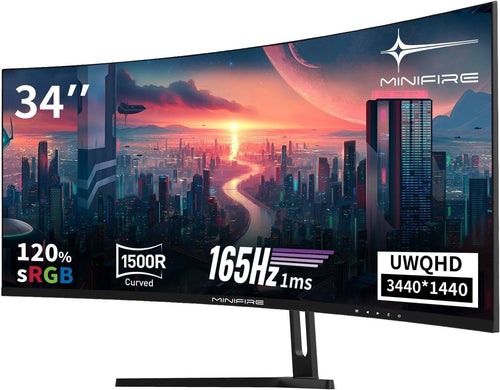 Minifire MFG34C5Q Gaming Monitor – 34" UWQHD 165Hz Curved, schwarzer, gebogener 34-Zoll-Bildschirm für immersives Gaming.