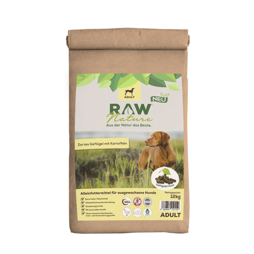 RAW Nature Kaltgepresstes Hundefutter Adult Huhn 12kg: Braune Kroketten zur vollwertigen Ernährung erwachsener Hunde.
