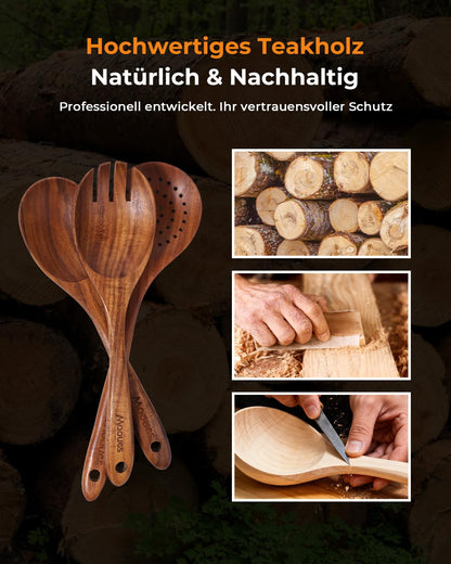 Mooues Kochbesteck-Set aus natürlichem Teakholz, 10-teilig