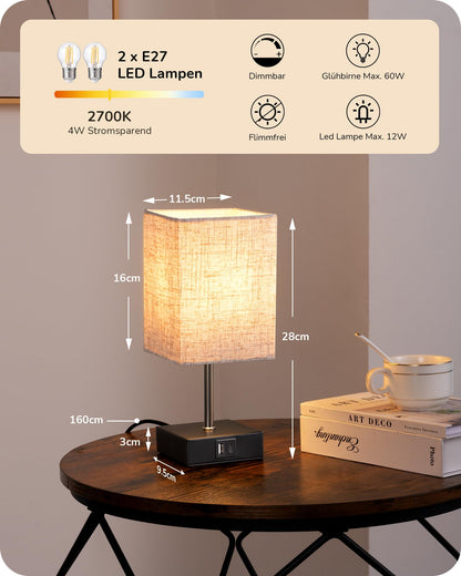 EDISHINE LED Nachttischlampe Touch dimmbar 2er-Set mit USB, beige