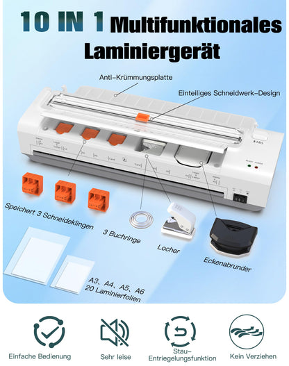 A3 Laminiergerät Heiss/Kalt Auto-Einzug – 10-in-1 Set Weiss