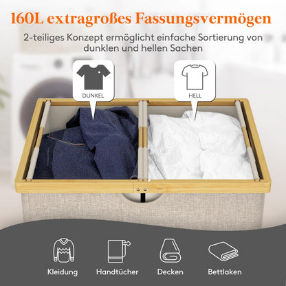 Lifewit Wäschekorb Bambus mit Deckel, 160 L, 2 Fächer, beige