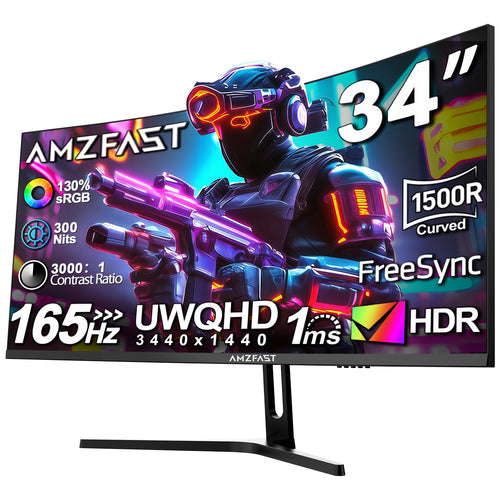 Amzfast AMZG34C5Q Curved Gaming Monitor - 34 Zoll 165Hz QHD. Gewölbter Bildschirm für immersives, flüssiges QHD-Gameplay.