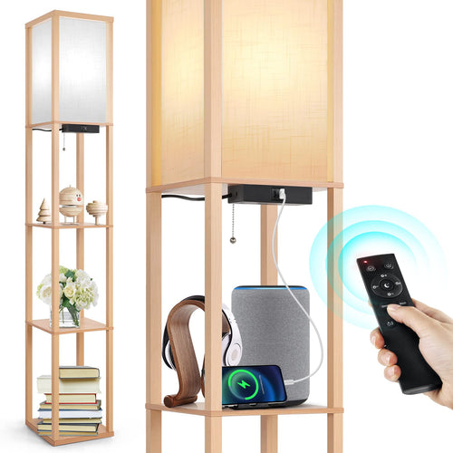OUTON Stehlampe Regal LED – Dimmbar, USB, Holz, Fernbedienung. Hohes Holzregal mit Licht f. Raum u. Ablage.