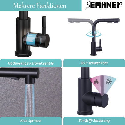 SEMANEY Küchenarmatur schwarz, ausziehbare Brause, 360° schwenkbar