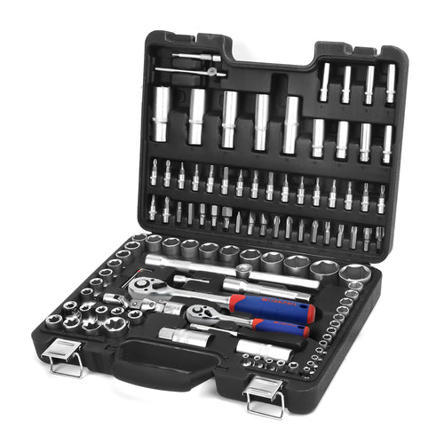 WORKPRO Steckschlüsselsatz 108-teilig – 1/4" 1/2" Knarrenkasten. Im robusten Koffer, für universelle Schraubarbeiten.