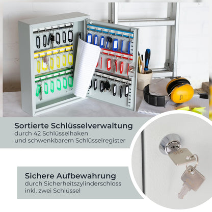 HMF Schlüsselschrank aus Stahl, abschliessbar, 42 Haken, Lichtgrau