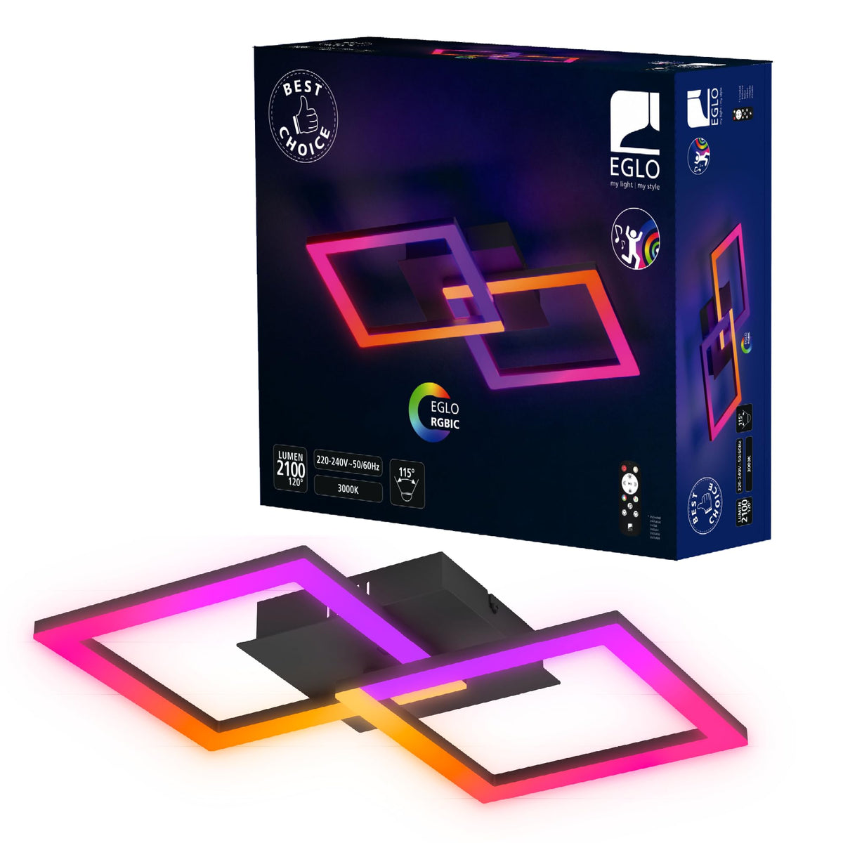 EGLO LED Deckenleuchte RGBIC mit Fernbedienung, Aluminium schwarz