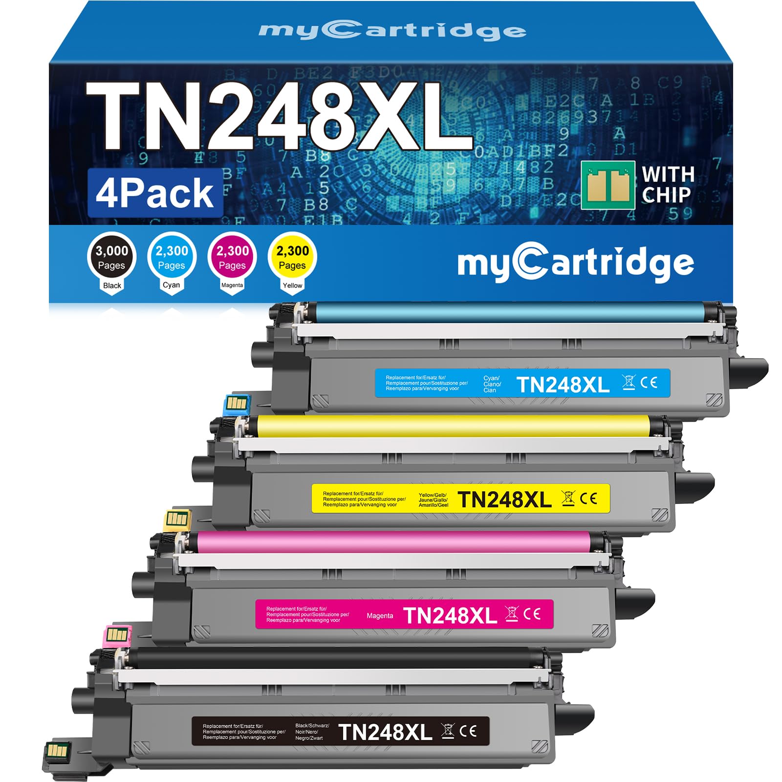 MYCARTRIDGE TN248XL Toner kompatibel für Brother - 4er-Pack. Vier schwarze, rechteckige Tonerkartuschen zum Drucken von Dokumenten.
