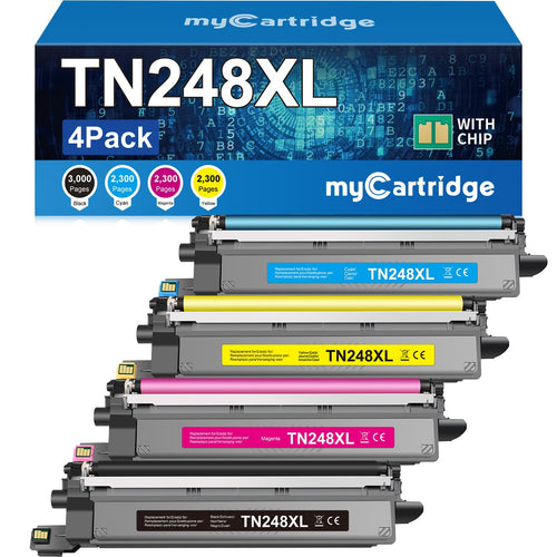 MYCARTRIDGE TN248XL Toner kompatibel für Brother - 4er-Pack. Vier schwarze, rechteckige Tonerkartuschen zum Drucken von Dokumenten.