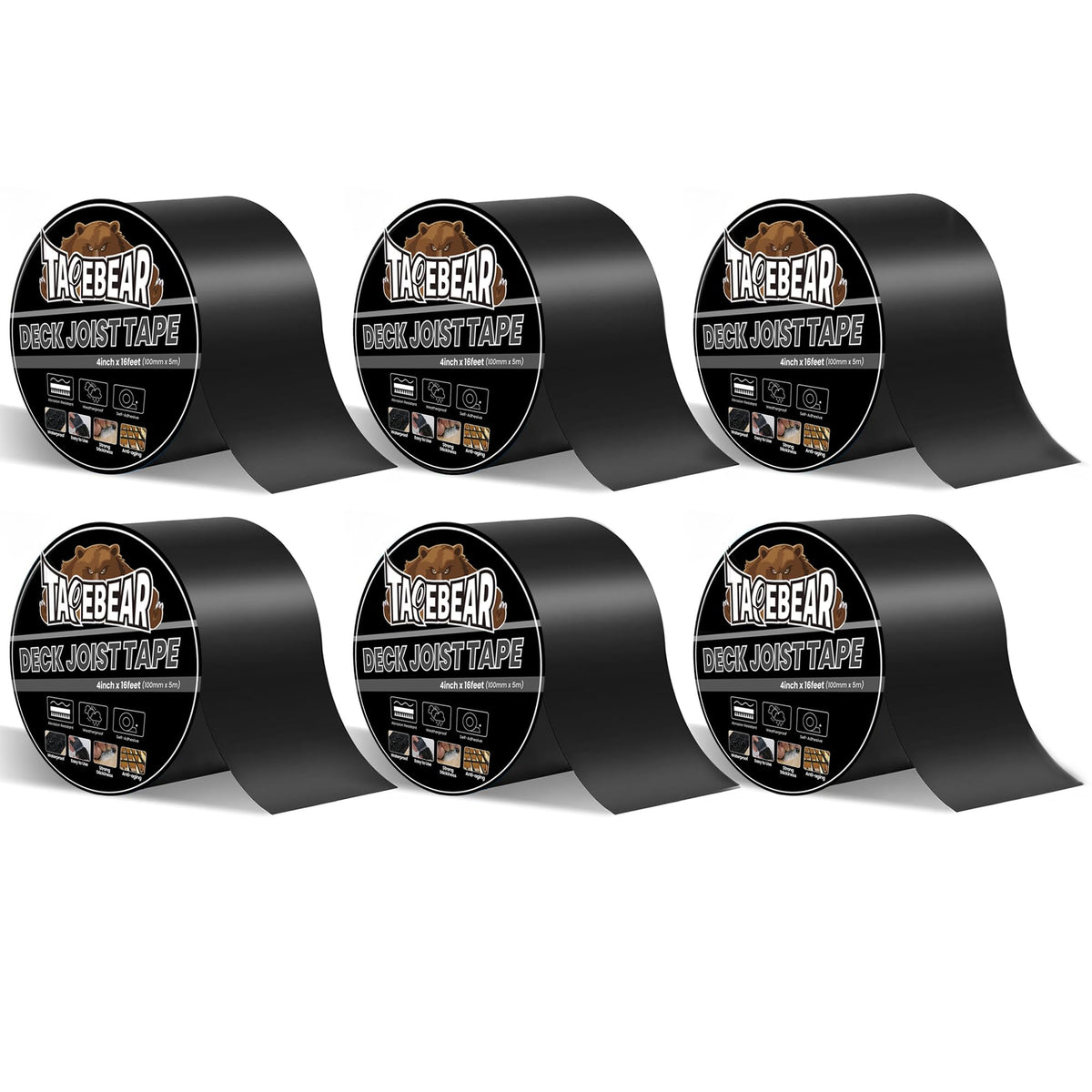 TAPEBEAR Butylband wasserdicht 100 mm x 5 m, selbstklebend, 6 Rollen, Dichtband zum Abdichten von Balken und Holz