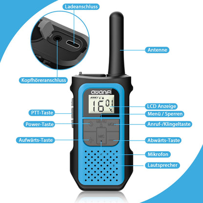 AWANFI Walkie Talkie 4er Set, aufladbare Funkgeräte, 16 Kanäle